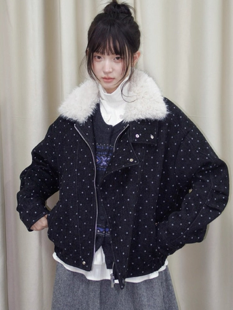 Detachable Faux Fur Polka Dot Parka