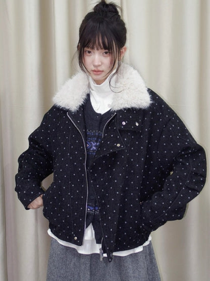Detachable Faux Fur Polka Dot Parka