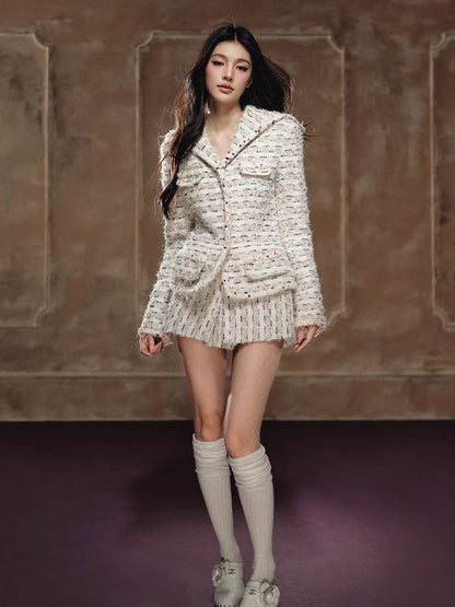 Beige Textured Cropped Jacket &amp; Skirt Set