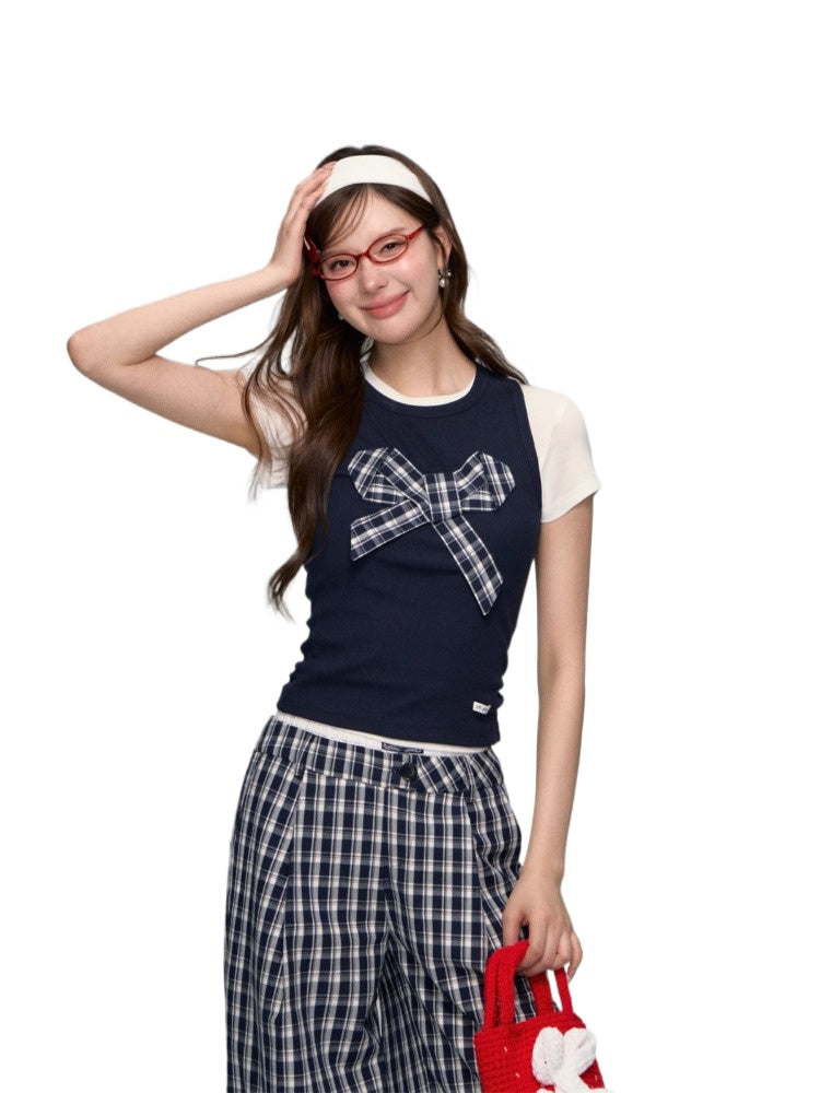 Checkered Bow Contrast Color Short-Sleeve Set