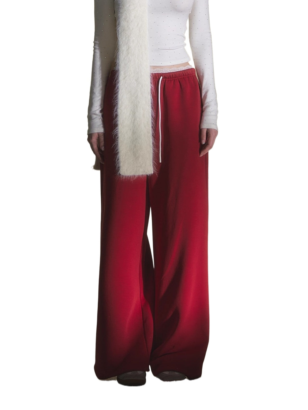 Red Lace Panel Fleece-Lined Sweatpants