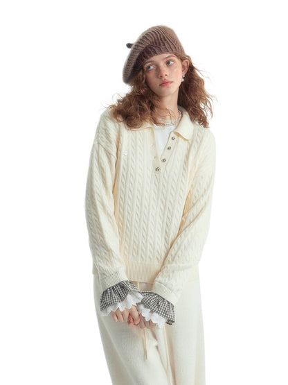 Cable‑Knit Polo Collar Plaid Splice Sweater