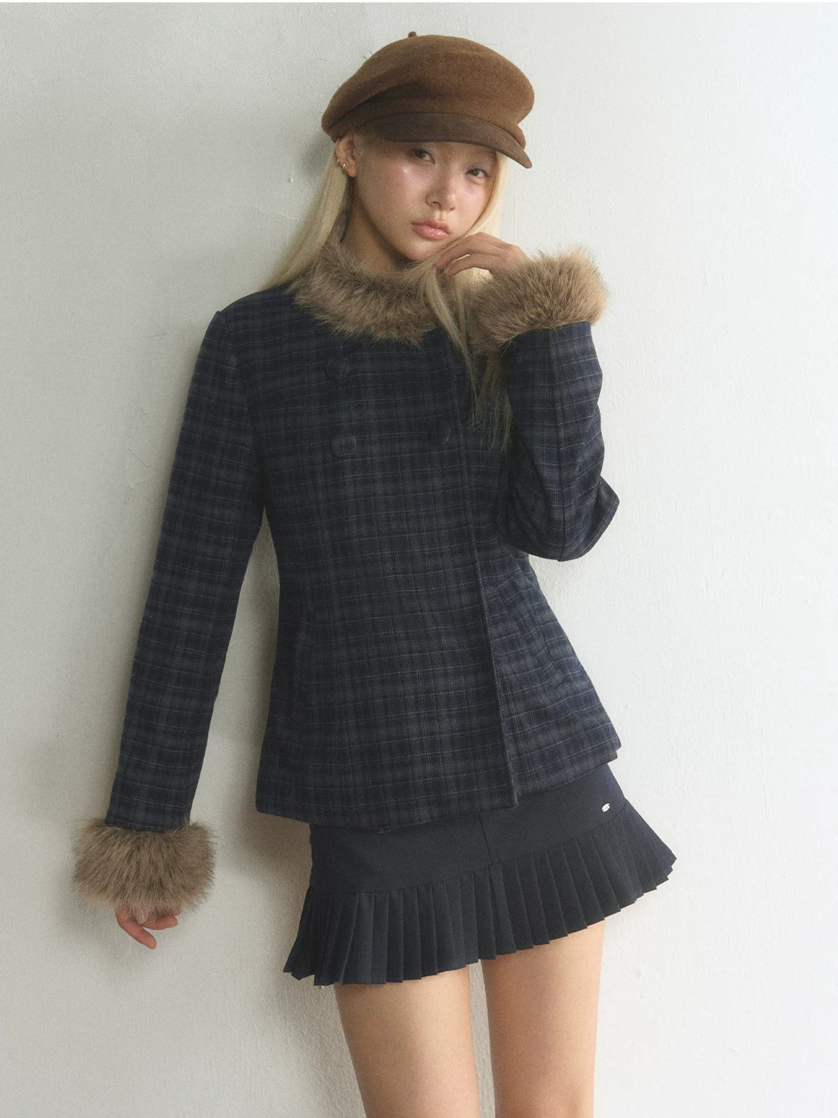 Plaid Fur-Trimmed Double-Breasted Jacket