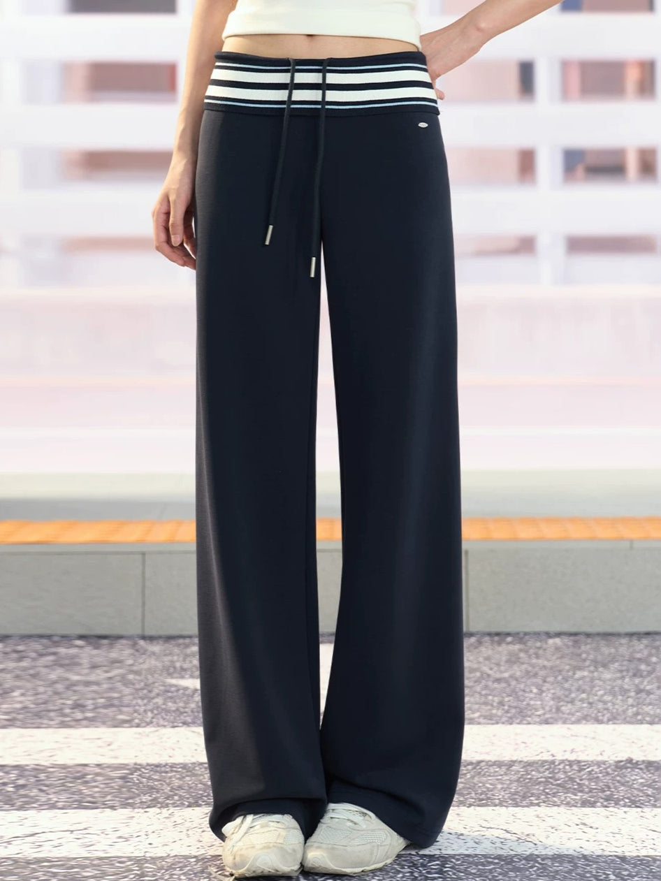Navy Striped Drawstring Wide Leg Pants