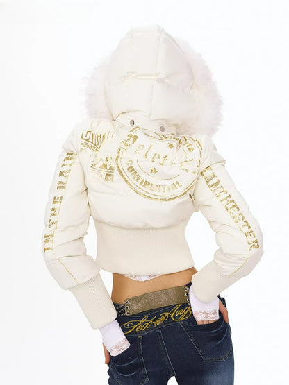 Foil Print Fur Collar Down Jacket