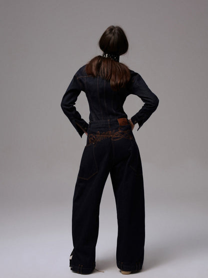 Raw Denim Wide-Shoulder Waist-Cinching Jacket Set