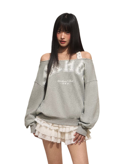 Off-Shoulder Halter Faux Layer Sweatshirt