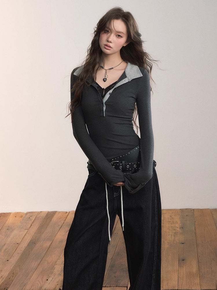 Contrast Collar Lace-Trim Long Sleeve T-shirt