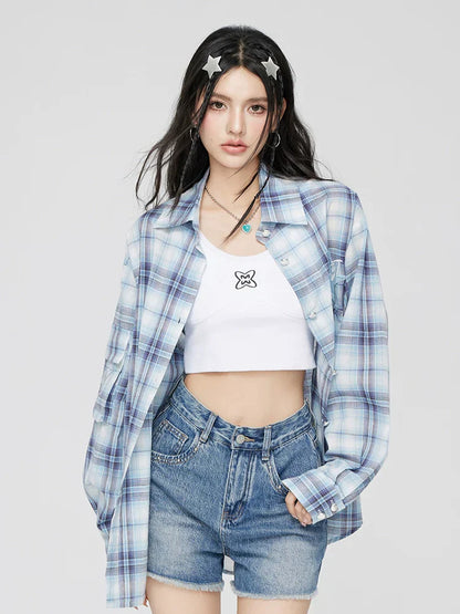 Blue Plaid Embroidered Sunscreen Shirt