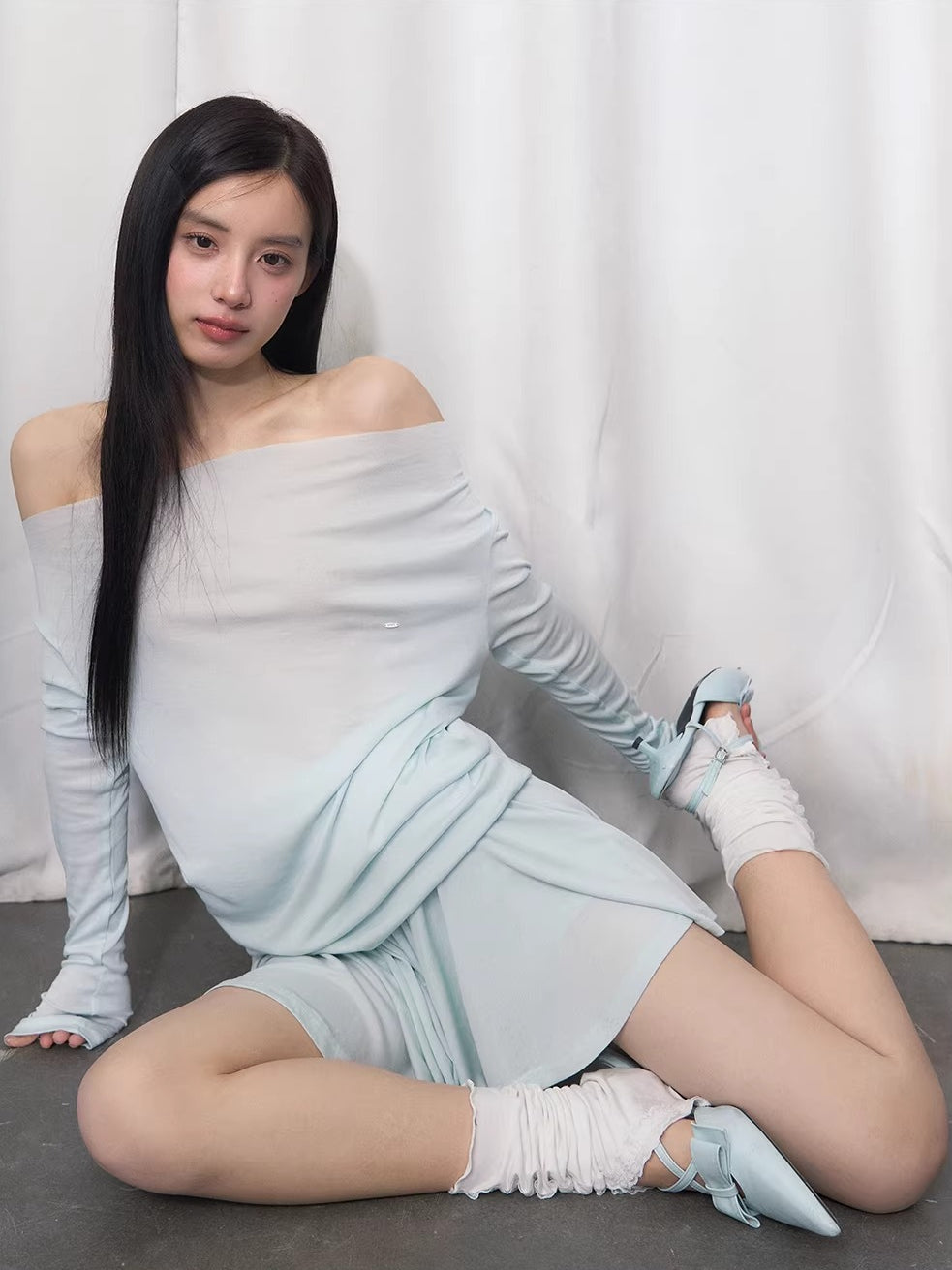 Blue One-Shoulder Blouse &amp; Skirt Set
