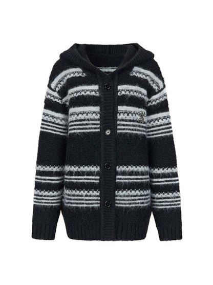 Striped Hooded Knit Cardigan