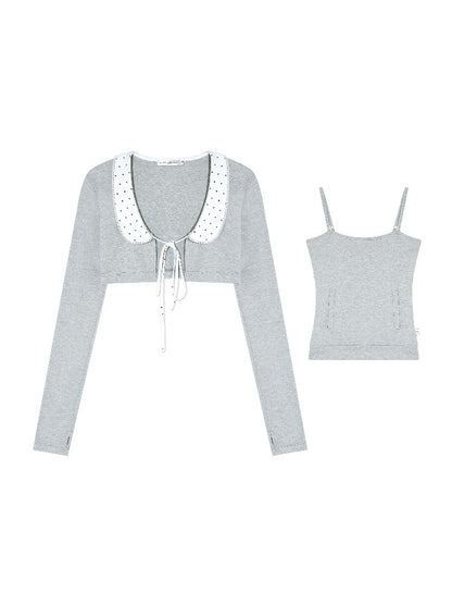 Polka Collar Cardigan Set
