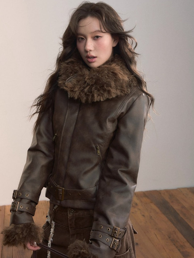 Faux Shearling Fur Collar Short Jacket