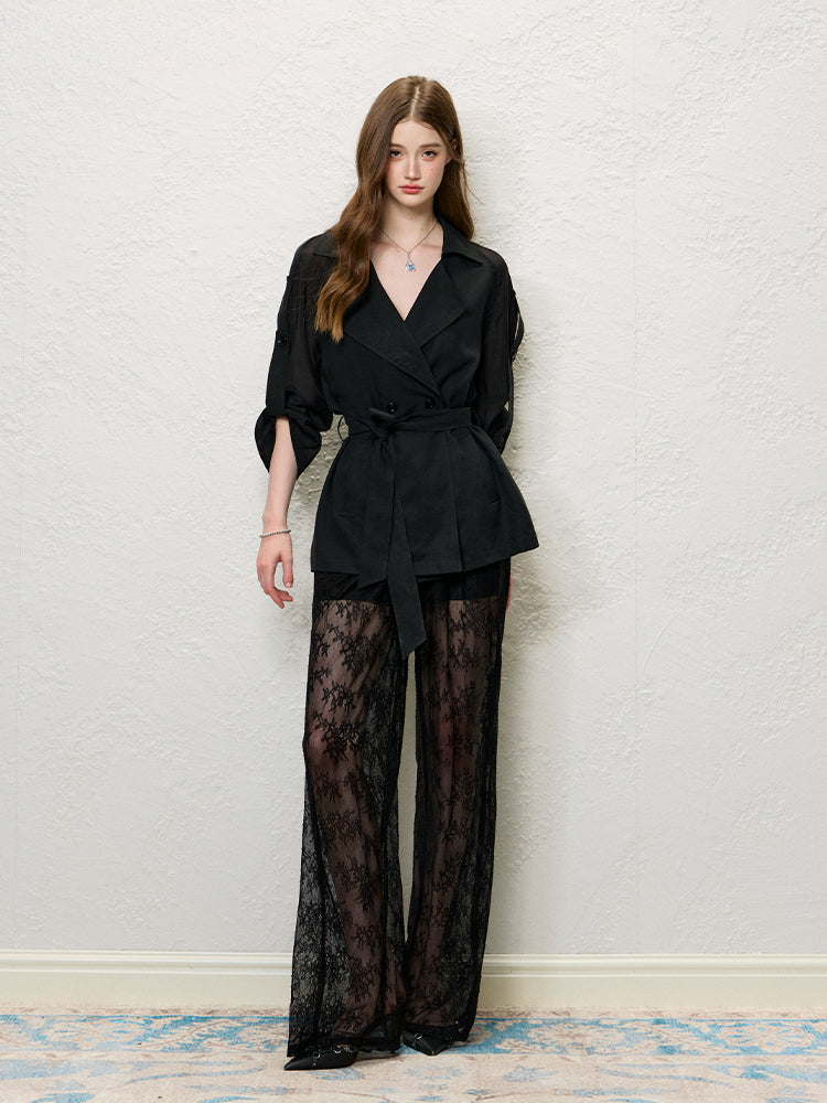Black Lace Jacquard Wide-Leg Pants