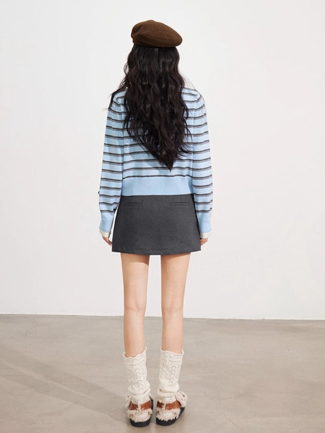 Blue Striped V-Neck Cardigan