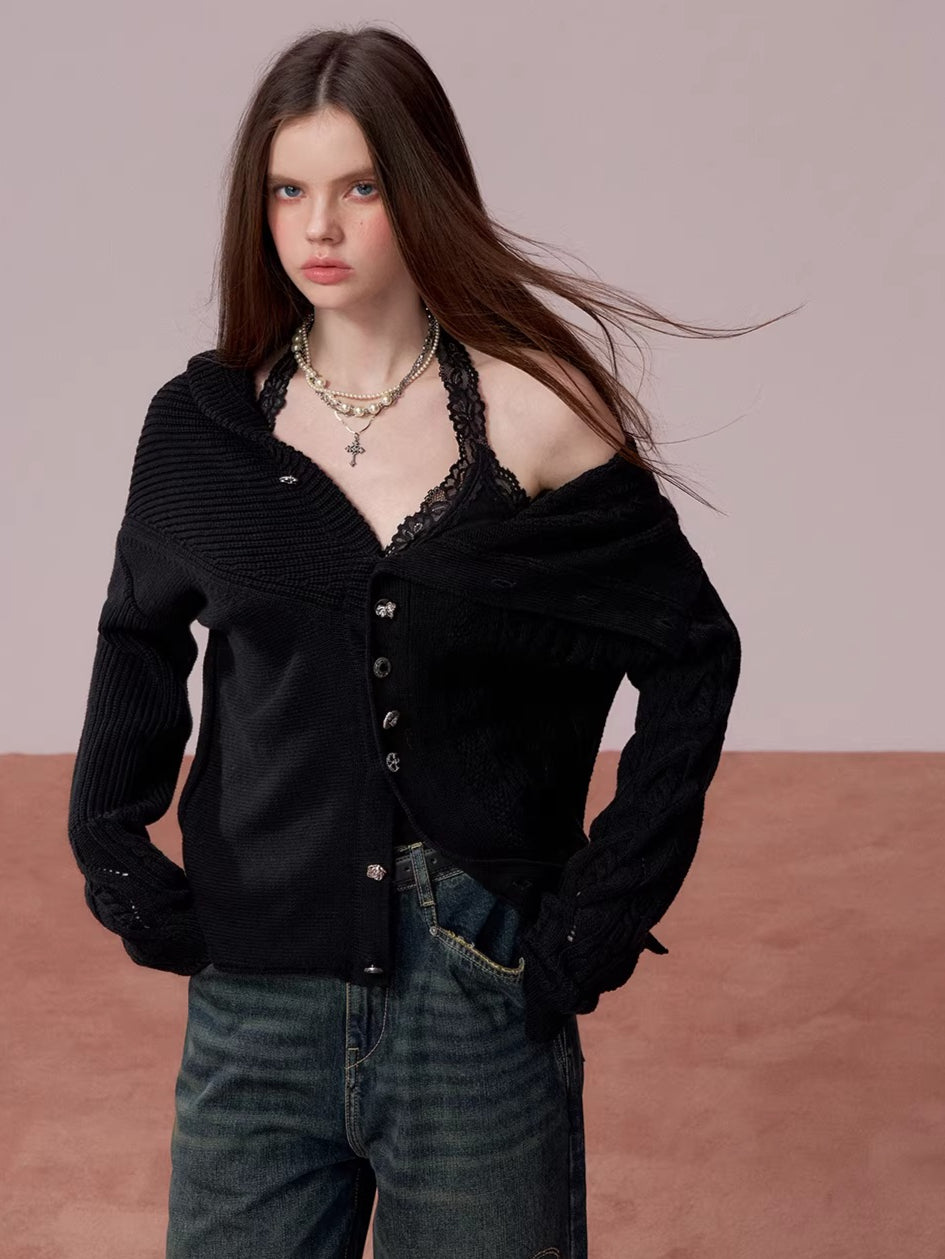 Convertible High Collar Knit Cardigan