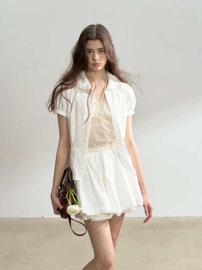 Cotton Lace Embroidered Collar Shirt &amp; Skirt Set