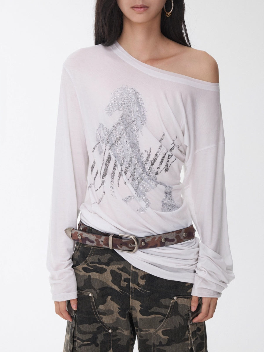 Rhinestone Embellished Asymmetric Drape T-shirt