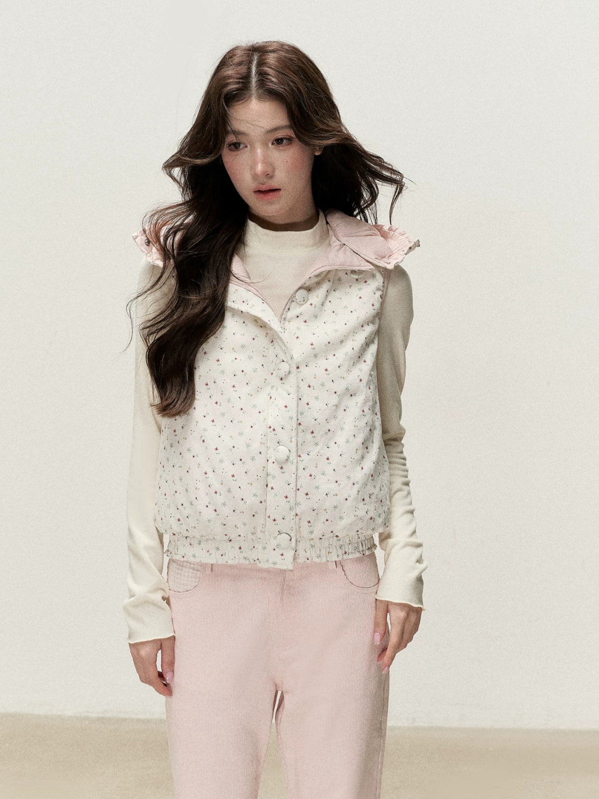Reversible Floral Detachable Hood Down Vest