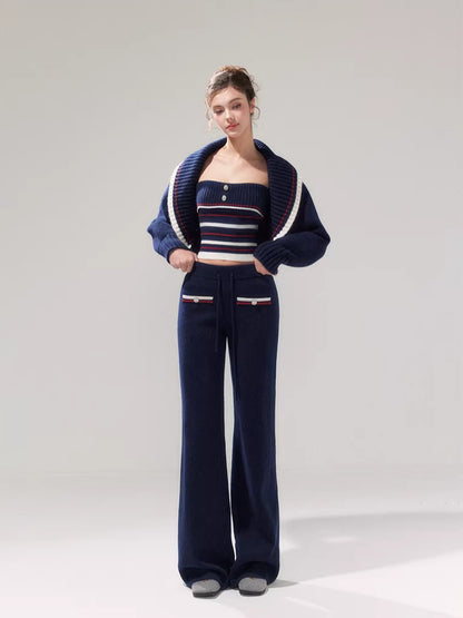 Navy Blue Striped Oversized Collar Knit Cardigan and Pants Set