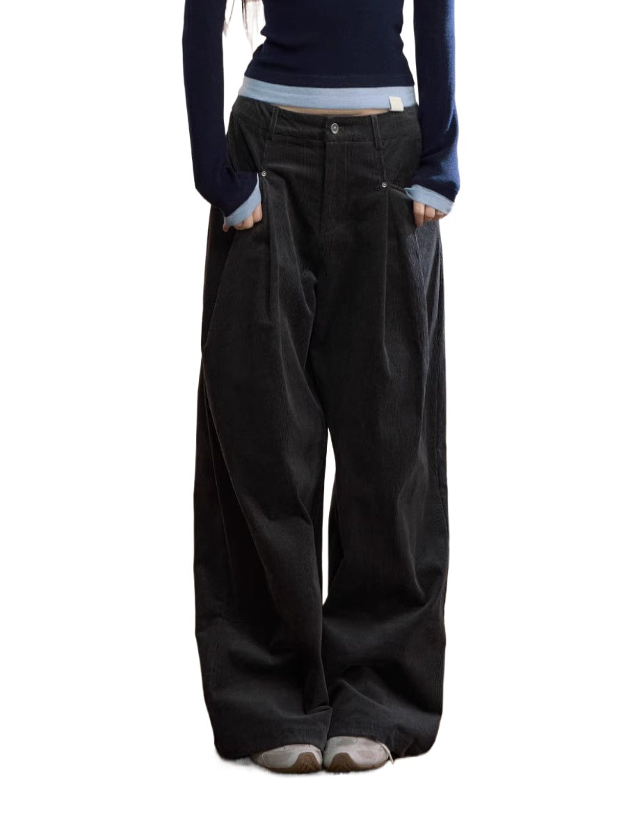 Dark Gray Pleated Corduroy Retro Casual Trousers