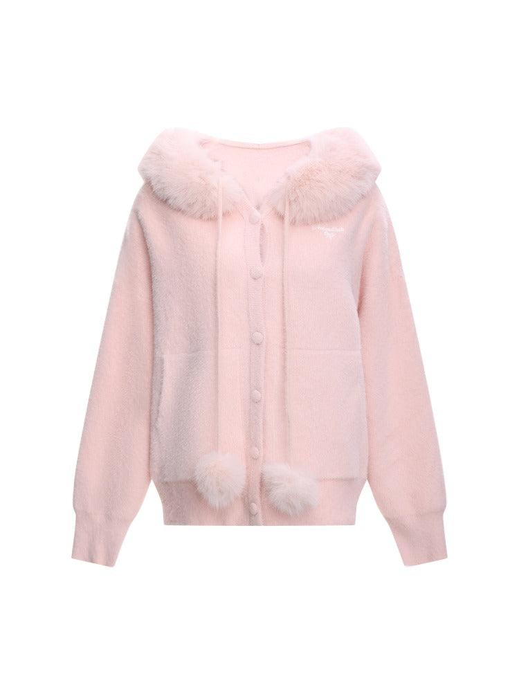 Fur Collar Hooded Knit Cardigan