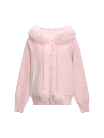 Fur Collar Hooded Knit Cardigan