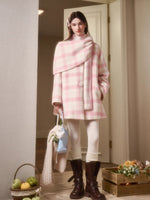 Baby Pink Raspberry Check Wool-Like Cape Coat