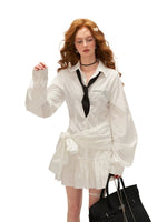 White Textured Bow Detail Shirt Dress