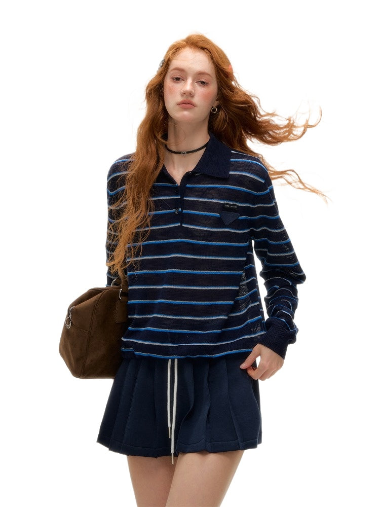 Beige & Blue Striped Polo Knit T-shirt