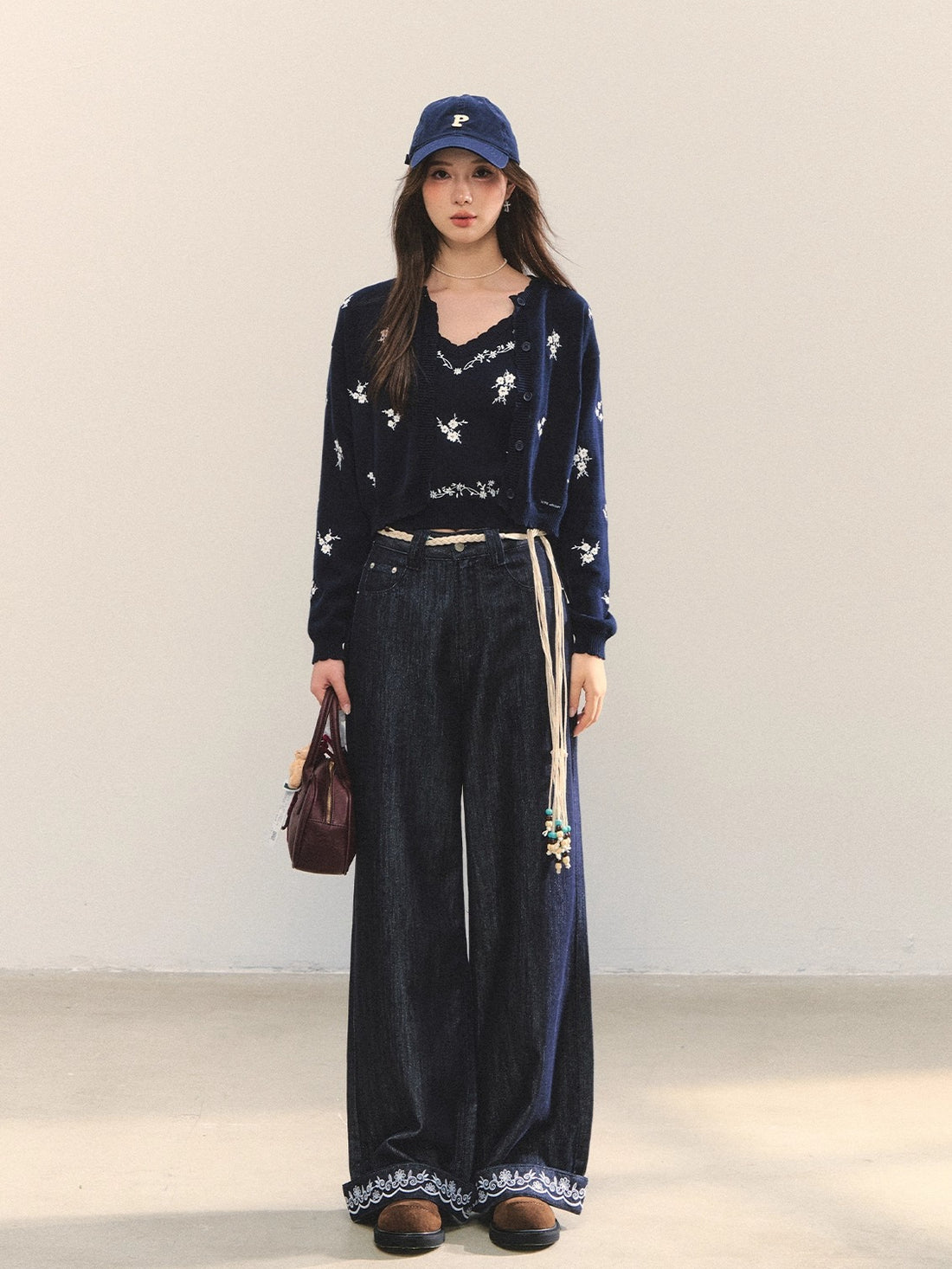 Navy Floral Embroidered Cardigan & Camisole Set