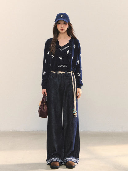 Navy Floral Embroidered Cardigan &amp; Camisole Set