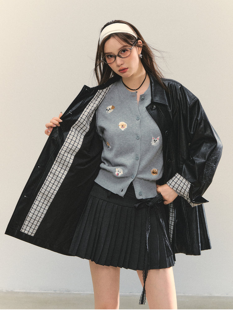 Black H-shaped Cuff Checkered Spliced Leather Jacket