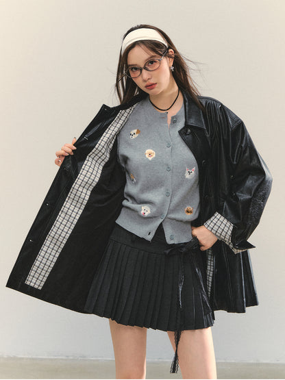 Black H-shaped Cuff Checkered Spliced Leather Jacket