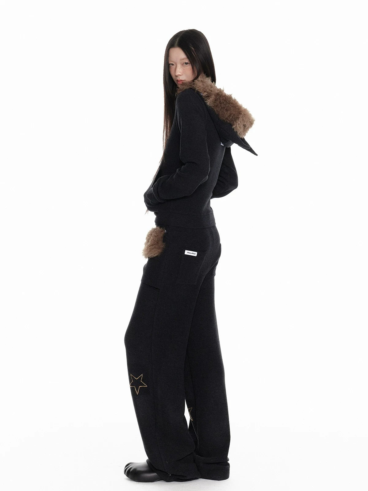 Fur Collar Hoodie &amp; Wide Pants Set