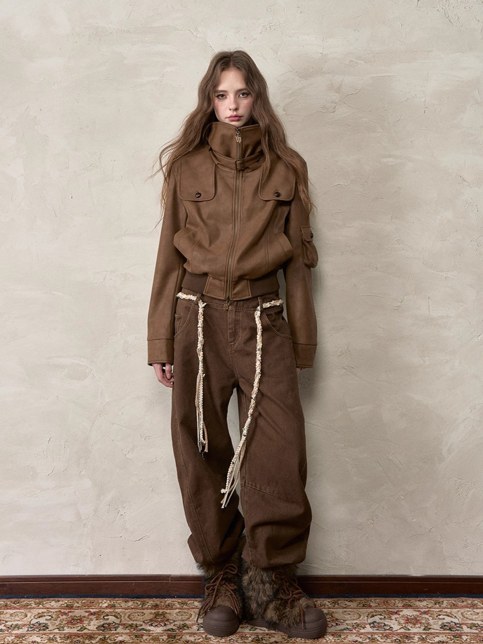 Brown Double-Waistband Straight Pants