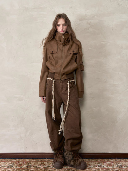 Brown Double-Waistband Straight Pants