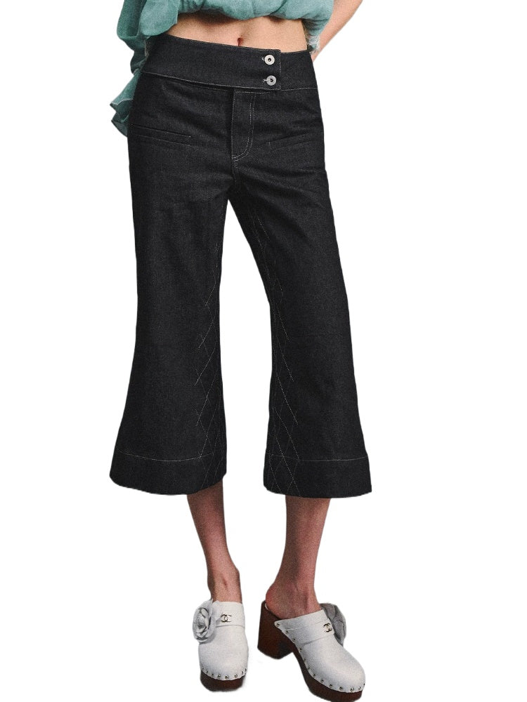 Black Quilted Cropped Flared Jeans