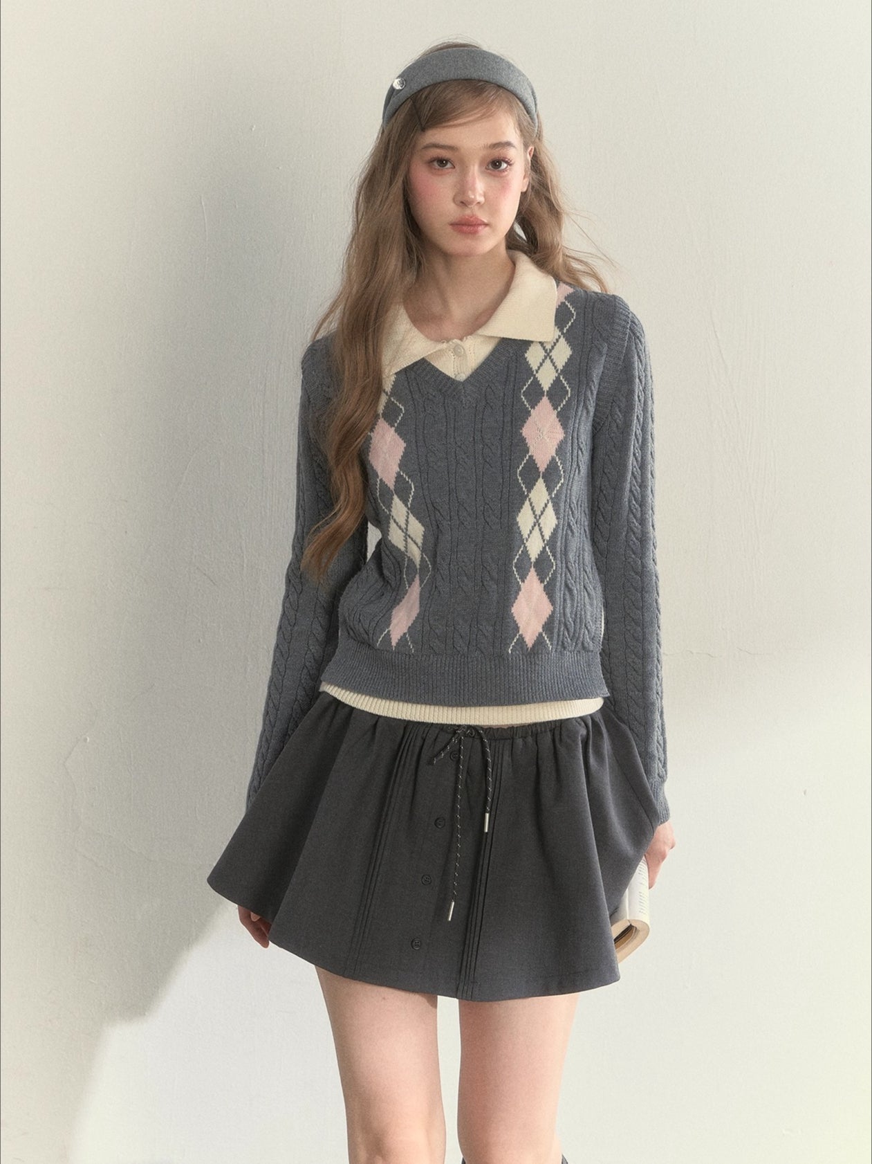 Argyle Cable Faux Two-Piece Sweater