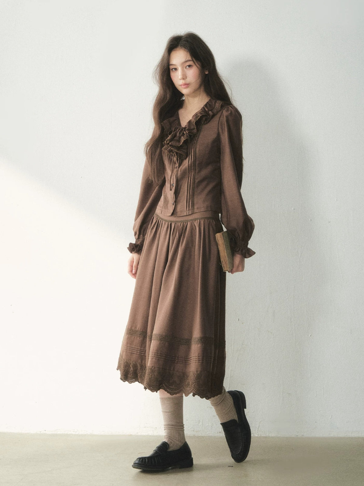 Vintage Ruffle Lace Shirt &amp; Skirt Set