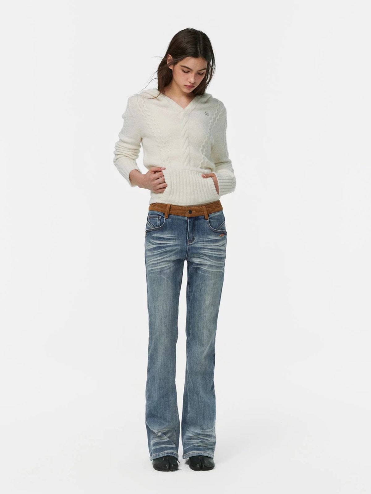 Suede Waistband Washed Bootcut Jeans
