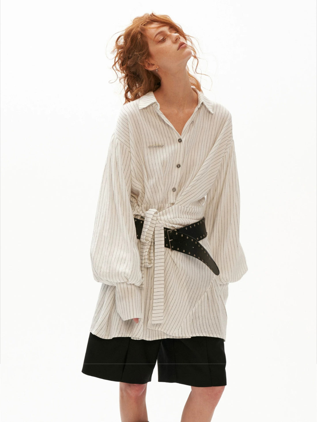 Striped Linen Tie Waist Long Shirt