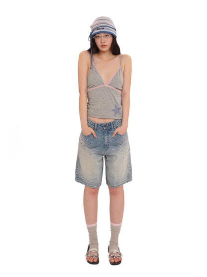 Rhinestone Pocket Embroidered Denim Capri Shorts/Long Pants