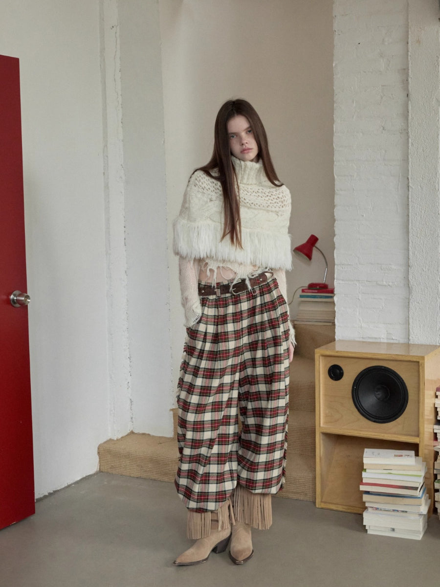 Cable Knit Fringed High-Neck Wool Blend Poncho