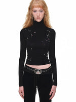 Rhinestone Lyocell Wool Turtleneck Top