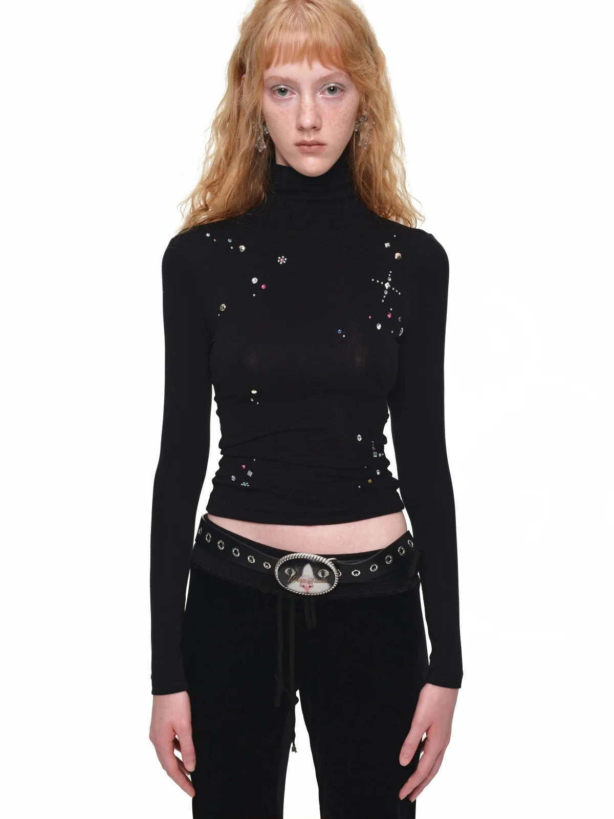 Rhinestone Lyocell Wool Turtleneck Top