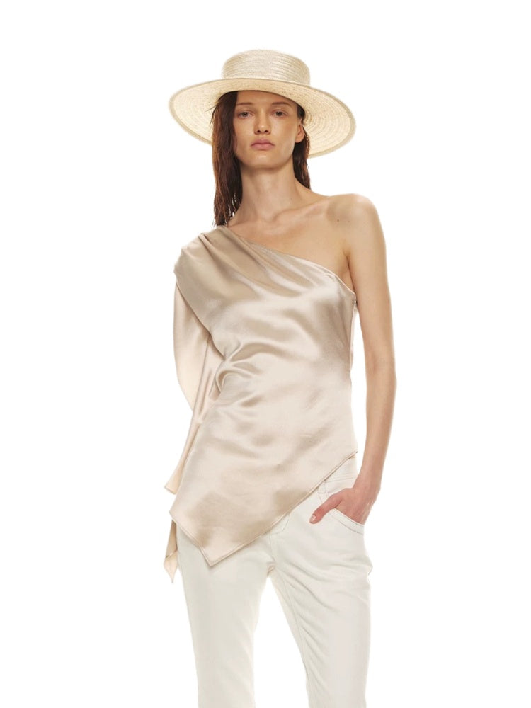 Champagne Acetate One-Shoulder Top