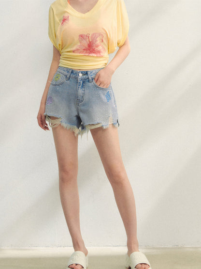 Embroidered Rhinestone Fringed Denim Shorts