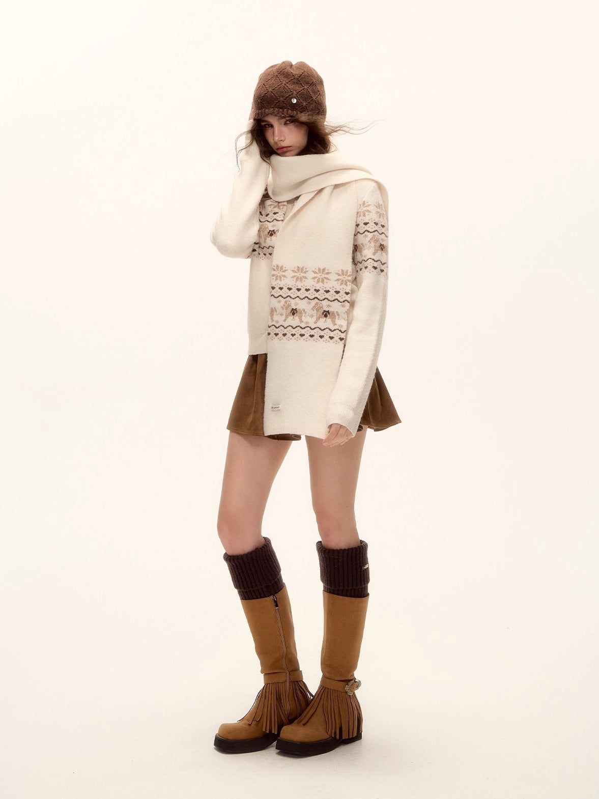 Fair Isle Knit Cardigan and Scarf Set