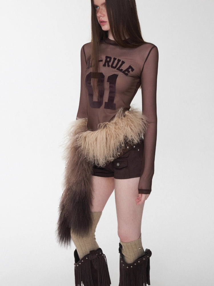 Flocked Mesh Sporty Turtleneck Top